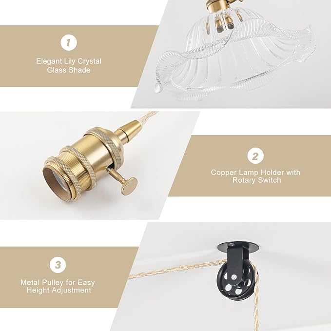 Plug in Pendant Light Vintage, Adjustable Pulley Hanging Lamp with Transparent Lily Glass Shade, Brass Hanging Lights with Plug in Cord for Kitchen, Compatible with Indoor Plant Grow Light Bulbs