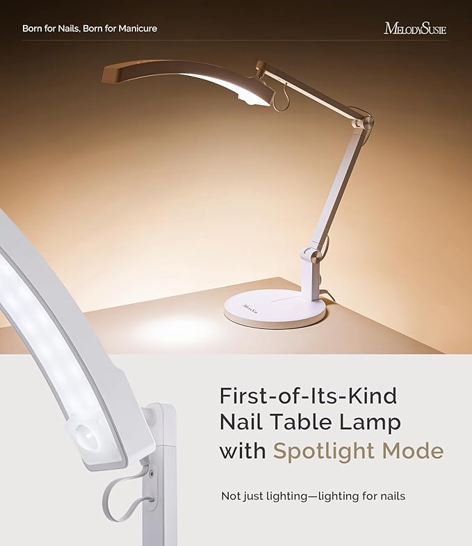 MelodySusie LED Manicure Table Lamp for Nail Techs, S-Pro25A Professional Nail Desk Light with Adjustable Arm, Dimmable Brightness & 3 Color Temperatures for Gel Nails & Nail Art