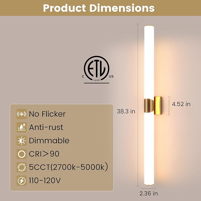 Modern Wall Sconce 38.2 Inch Gold Bathroom Sconces Led Wall Lights with Acrylic Shade Hardwired Long Vanity Lighting Fixtures Over Mirror for Bedroom Living Room Hallway