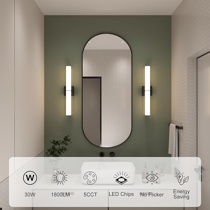 24 Inch 30W Led Bathroom Vanity Light,3000K-6000K Dimmable Vanity Lighting Fixtures with White Acrylic Lampshade,Indoor Hardwired Wall Light Over Mirror for Mirror Restroom(Black,1 Pack)