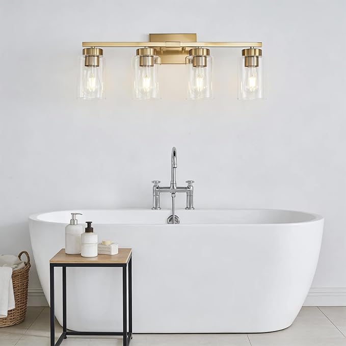4-Light Bathroom Light Fixtures, Gold Modern Vanity Lights Over Mirror, Bathroom Wall Sconces with Clear Glass Shade for Living Room Bedroom Hallway Cabinet Porch