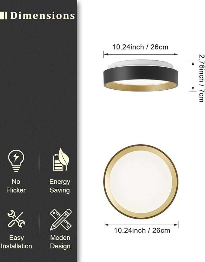 ANYLOVE 10 Inch Modern Flush Mount Ceiling Lights,White Gold Plastic Round Ceiling Light,Dimmable 3000K,3500K,4000K,5000K,6000K,for Living Room,Dining Room,Bedroom,Kitchen (Black and Gold, 10 Inch)