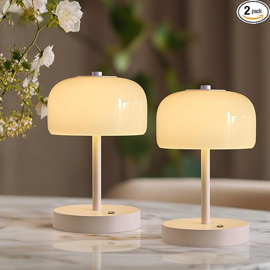 Oneach 9" Cordless LED Mushroom Table Lamp Touch 3 Way Dimmable Bedside Small Lamp Battery Operated Rechargeable Modern Nightstand Desk Lamp for Bedroom Living Room Restaurant White(2 Pack)