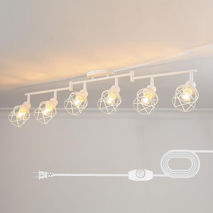 Dimmable 6 Light Plug in Ceiling Light,White Plug in Track Lighting Kit with 16.5' Cord,Flexibly Rotatable Light Head,Modern Industrial Farmhouse Style(Bulbs Not Included)