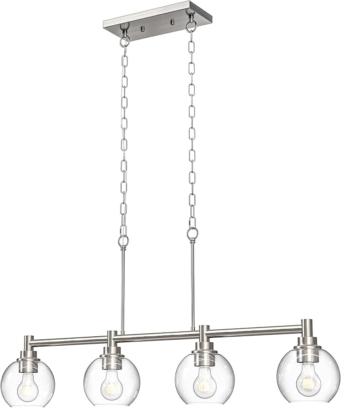 VONLUCE Dining Room Light Fixture Over Table, 4-Light Kitchen Island Lighting with Round Glass Shades & Adjustable Hanging Heights, Linear Chandlier for Dining Room Kitchen, Nickel, ETL Certificated