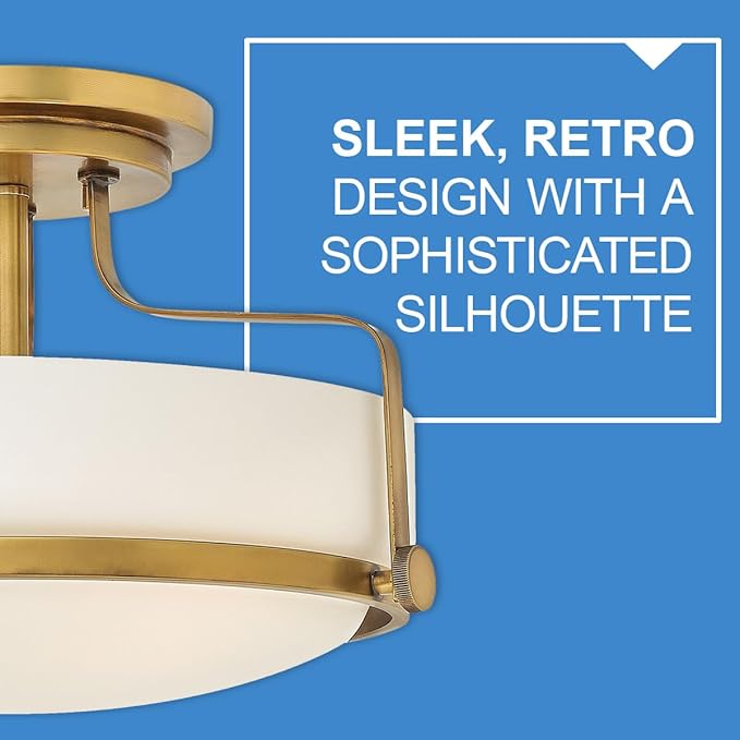 Hinkley Harper Medium Semi-Flush Mount Ceiling Light for Kitchen, Bedroom, Bathroom, and Hallway, Sleek, Retro Style Heritage Brass and Etched Opal Glass
