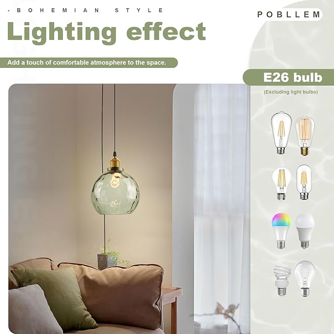 2 Pack Plug in Pendant Light Fixtures, Green Glass Pendant Lights Vintage Hanging Lamps with Hammered Glass Globe, Mid Century Brass Hanging Lights with Plug in Cord for Kitchen Bedroom