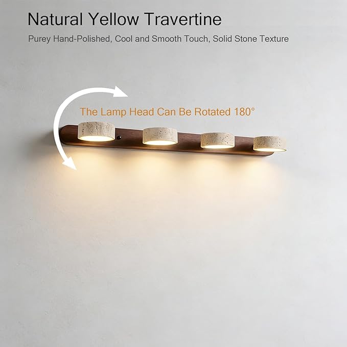 LED Bathroom Vanity Light, Travertine Stone Light Fixture, 360° Rotatable Stone Lampshades, Modern Rustic Wall Lamp for Bedroom, Living Room, Hallway (Walnut Wood-4 Lights)