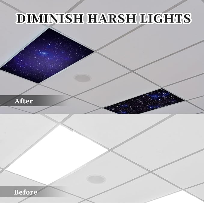 ROCEEI 8 Pack Fluorescent Light Covers, 4 x 2 Feet Magnetic Night Sky Covers Bulk for Ceiling Classroom Light, Reduce Glare, Easy Install, Filters for School, Home, Office, Hospitals Cubicle Decor