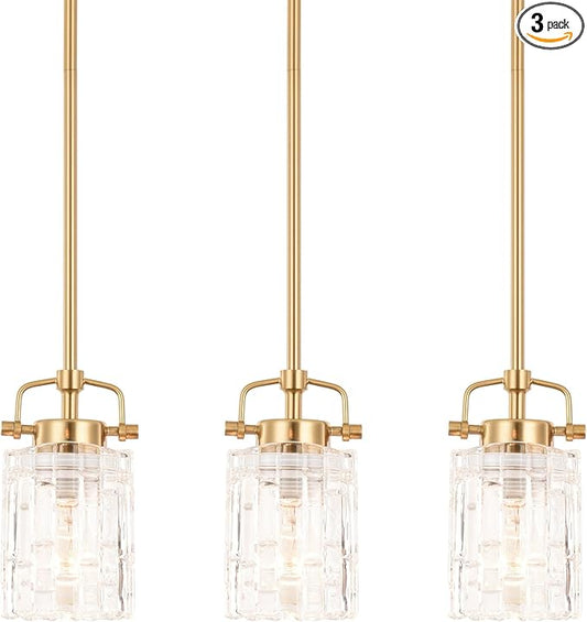 ALICE HOUSE 3 Pack Mini Modern Pendant Lights for Kitchen Island, Brushed Brass Glass Hanging Lamp, Contemporary Coastal Pendant Lighting for Dining Room, ETL Listed, AL2218-P3