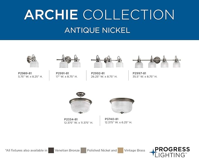 Progress Lighting P2989-81 Archie Collection Clear Double Prismatic Glass Coastal Bath Vanity, 1-Light, Antique Nickel