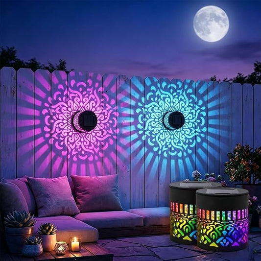 2 Pcs Solar Mandala Lights Outdoor: Metal Waterproof Solar Wall Lights with Decorative Projection Pattern - Solar Garden Lights for Fence Patio Deck Backyard Walkway Yard Decor