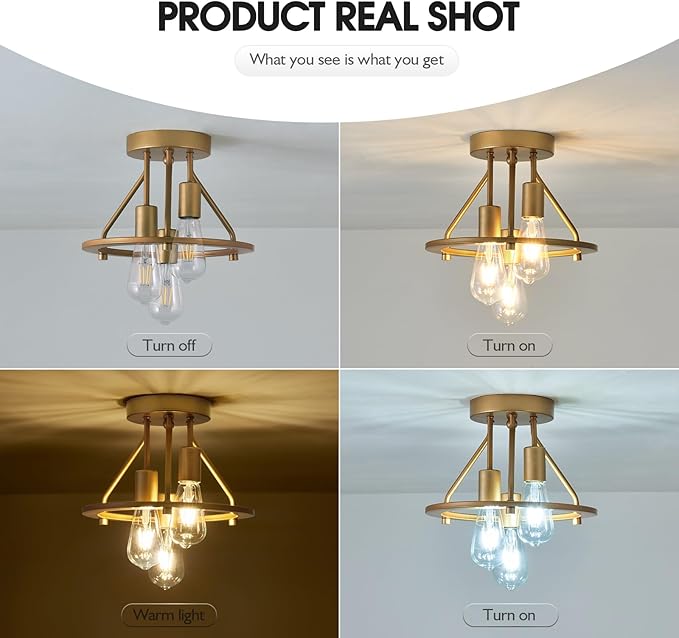 Gold 3-Light Semi Flush Mount Ceiling Light Fixture Metal Farmhouse Vintage Chandelier Circle Ceiling Lamp for Bathroom Kitchen Dining Room Laundry Room Foyer Closet Stairwell