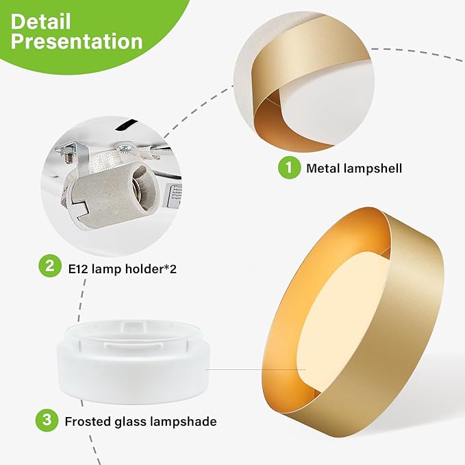 Glass Gold Flush Mount Ceiling Lights, Modern Round Ceiling Lighting, Minimalist Drum Close to Ceiling Light Fixtures for Bedroom, Dining Room, Bathroom, Hallways, Laundry Room