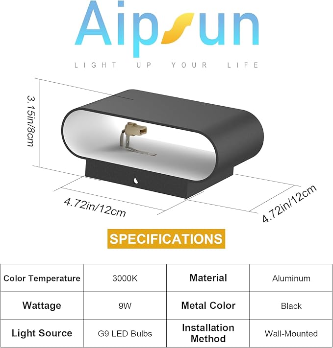 Aipsun Black LED Wall Sconces 1 Pack Indoor Modern Wall Lights Hardwired Up and Down Interior Wall Mount Light for Living Room Bedroom Hallway Warm White 3000K(with G9 Bulbs)