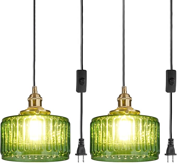 Vintage Plug in Pendant Light Fixture - Small Green Striped Glass Shade Adjustable Modern Hanging Lamp with Plug in Cord On/Off Switch Swag Pendant Lights for Kitchen Living Room