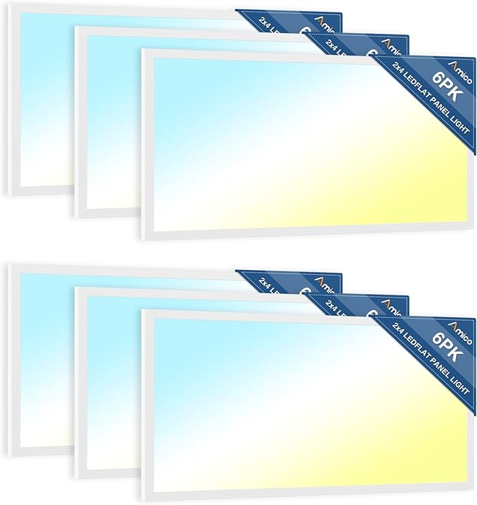 Amico 6 Pack 2x4 LED Flat Panel Light 30/40/50W 6250lm Adjustable, 0-10V Dimmable LED Drop Ceiling Light Fixtures, 4000K/5000K/6500K Selectable for Office - UL FCC Listed