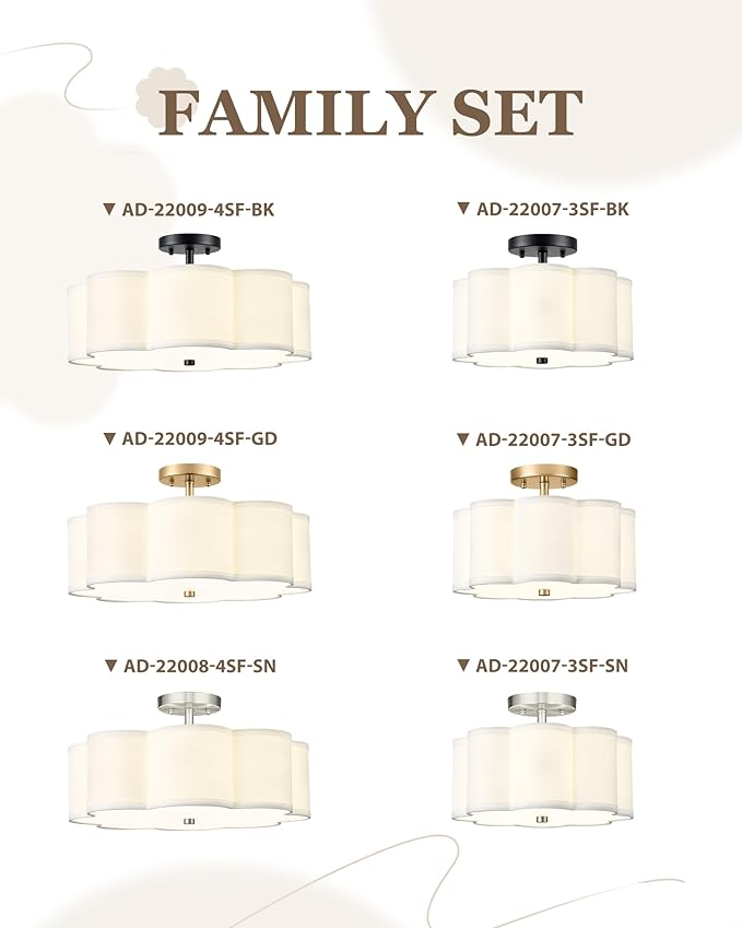 Semi Flush Mount Ceiling Lights, 3-Light 13" Ceiling Light Fixtures with Fabric Shade in Flower Shape, Matte Black Drum Lighting for Nursery Hallway Bedroom Kitchen, AD-22007-3SF-BK