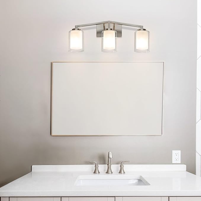 XiNBEi Lighting Brushed Nickel Bathroom Vanity Light, Modern 3-Light Bathroom Light Fixture with Dual Glass Shade Iron Wall Sconce Lighting Over Mirror XB-W1294-3-BN