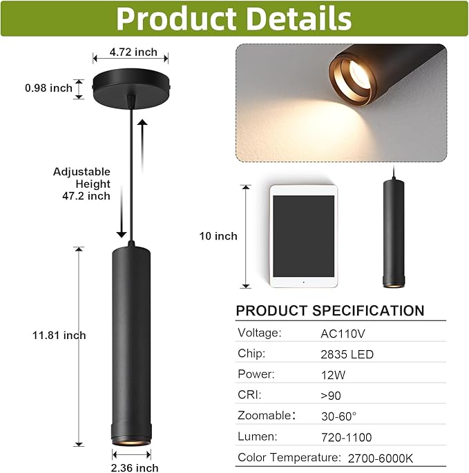 OKELI Black LED Mini Pendant Light, Dimmable Hanging Pendant with Adjustable Beam Angle, 3CCT 2700K–6000K Modern Pendant Light for Kitchen Island, Bar Counter or Bedroom, 12W 11.8", 3 Pack