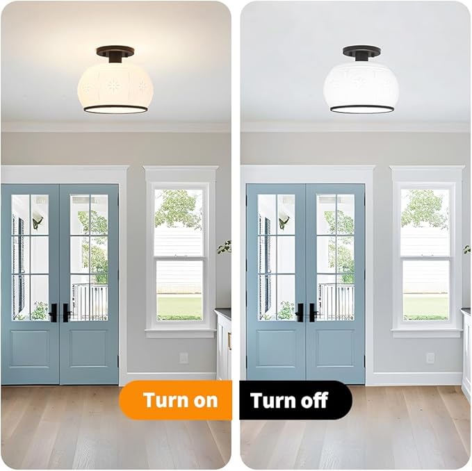 Matte Black Semi Flush Mount Ceiling Light with Milk Glass Shade, Hallway Lighting Fixtures, Vintage Ceiling Light for Kitchen, Bedroom, Closet, Entryway, Porch