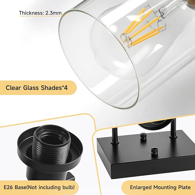 4-Light Bathroom Vanity Light, Modern Matte Black Wall Sconce Lighting with Clear Glass Shade, Bathroom Lighting Fixtures Over Mirror,Vintage Wall Mounted Lamps for Mirror Bedroom,Living Room
