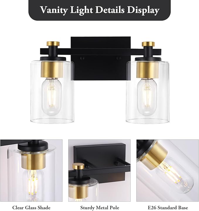 2 Light Bathroom Vanity Light, Black and Gold Bathroom Vanity Light, Bathroom Lighting Fixtures Over Mirror with Clear Glass Shade, Bathroom Light for Bathroom (E26 Base)