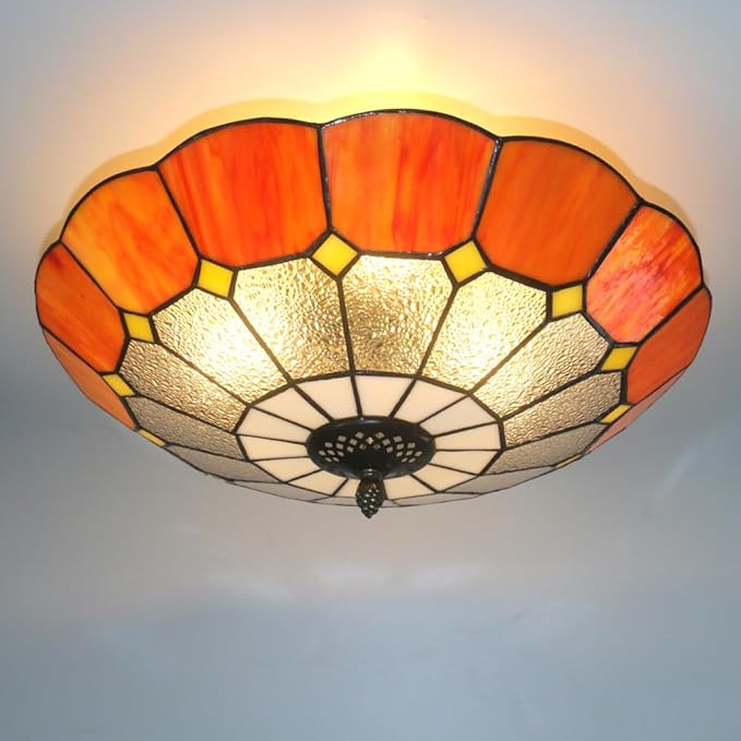 Tiffany Style Ceiling Light 16 Inch 3-Lights Vintage Pendent Stained Glass Flush Mount Ceiling Light Chandelier Lighting Fixtures for Bedroom Dining Room Living Room (Orange 16 Inch)