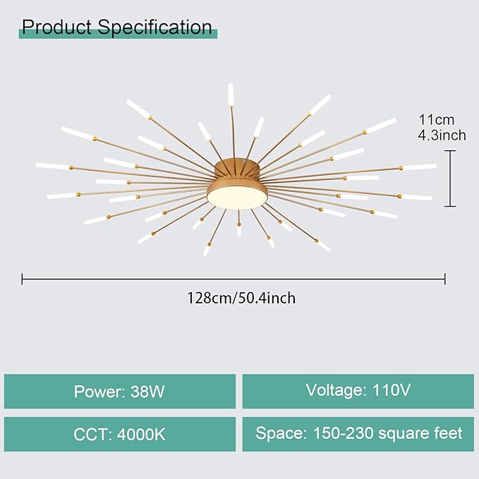 ziidoo Modern Ceiling Light,30+1 Lights Metal Firework Designed Chic Led Lighting Fixture for Farmhouse Kitchen Dining Room Bedroom Hallway Living Room (Gold and Dark Gold)