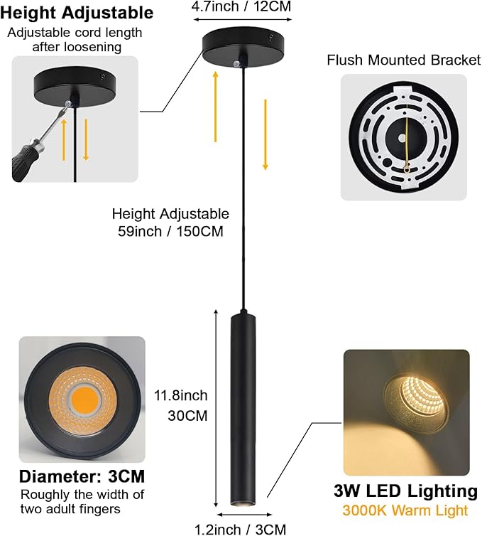 Modern Black Pendant Lights 2 Pack, LED Minimalist Pendant Lighting Fixture for Kitchen Island, Long Tube Hanging Light Cord Adjustable for Living Room Bedroom Dining Room Bar