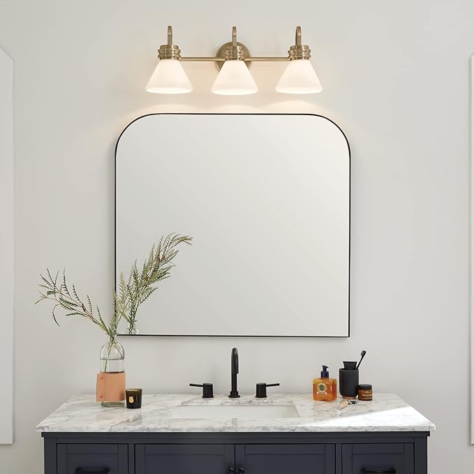 Kichler Farum 26" 3-Light Bathroom Vanity Light Fixture with Opal Glass in Champagne Bronze for Mirror, Modern Wall Mount Over Single or Double Vanity (26" W x 9.5" H), 55155CPZ