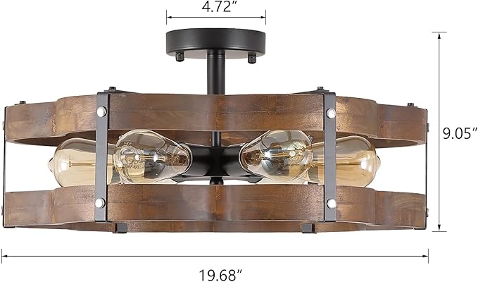 6-Light Rustic Farmhouse Wood Flush Mount Ceiling Light Fixture 20 inch Oak Wood and Metal Cloud Cage Semi Flush Mount Ceiling Light for Hallway Entry Dining Farmhouse Bedroom Living Room, Black