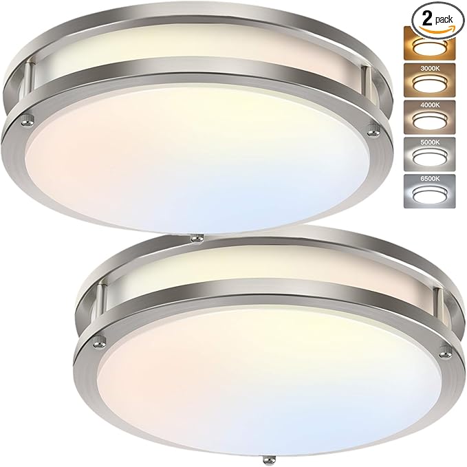 36W 12Inch LED Ceiling Light Fixtures, Flush Mount Light Fixtures, 5CCT 2700K 3000K 4000K 5000K 6500K, Close to Ceiling Light for Kitchen Bathroom Kitchen Bedroom, Super Bright 3800LM, Nickel, 2 Packs