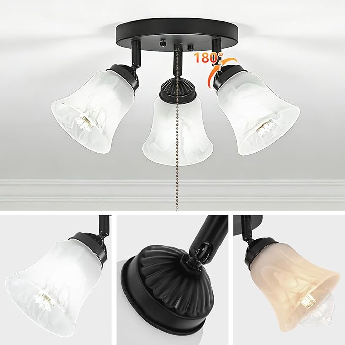 3-Light Flush Mount Ceiling Light with Pull Chain Alabaster Glass Low Profile Lighting Fixtures for Kitchen Living Room Dining Room Closet, Black