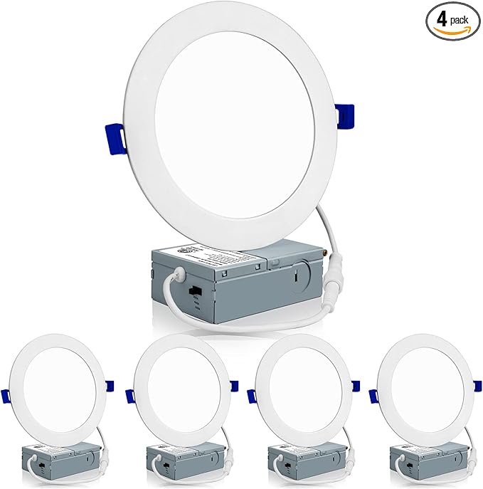 Meconard 4 Pack 6 Inch Ultra-Thin LED Recessed Ceiling Light, 3000K/4000K/5000K Selectable, Dimmable 12W=110W, 1050LM, IC Rated Can-Killer Downlights with Junction Box, ETL and Energy Star Listed