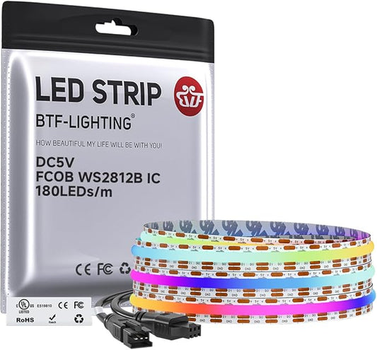 BTF-LIGHTING FCOB COB WS2811(WS2812B) IC RGB 180LED/m 360IC LED Strip DC5V 6.5FT Individual Addressable,UL Listed,High Density Uniform Light Dream Chasing Color 10mm Width(NO Adapter or Controller)