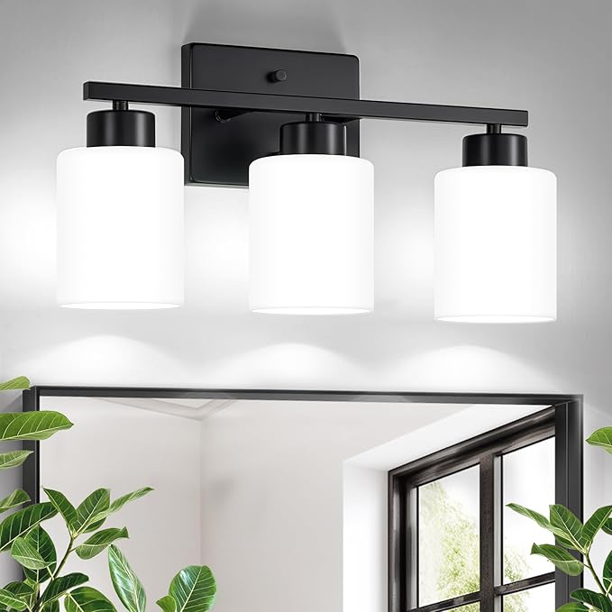 Black Bathroom Light Fixtures, 3-Light Modern Vanity Lights with Milky White Frosted Glass Shades, Wall Sconces for Mirror, Bathroom, Restroom (E26 Socket)
