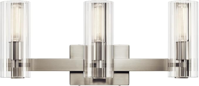 Kichler Jemsa 3-Light Bathroom Vanity Light Fixture, Modern Wall Mount with Clear Fluted Glass in Brushed Nickel for Powder Room or Mirror (9.75" x 22.75"), 55168NI