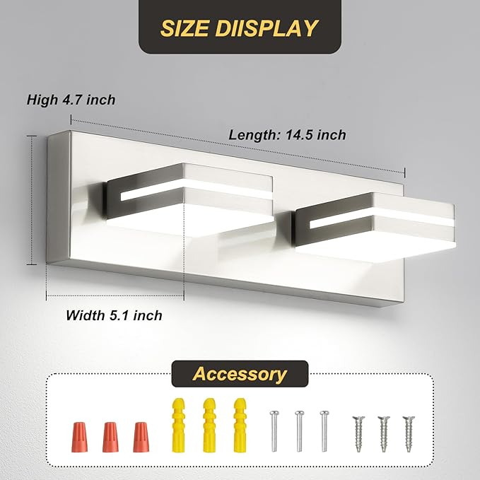 OKELI 2 Light Bathroom Vanity Light Brushed Nickel Modern 16W LED Dimmable Vanity Light Over Mirror 350° Adjustable Lamp Head Cold White 6000K ETL Listed 15.5Inch