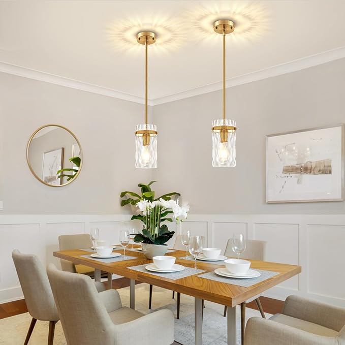 Brushed Gold Pendant Lights Kitchen Island 2 Pack, Hammered Glass Kitchen Pendant Lighting Over Island Adjustable Hanging Bathroom Light Fixtures Modern Pendant Light for Dining Room Hallway Foyer