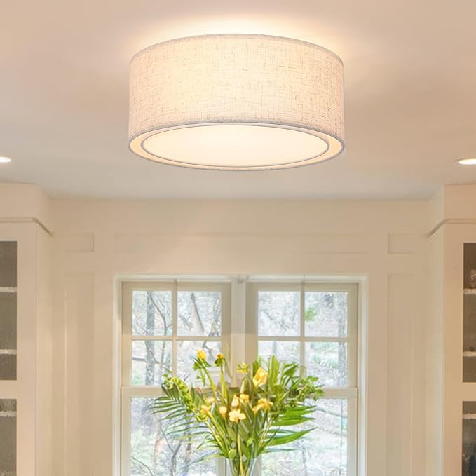 Luupyia 12.59 Inches Fabric Drum Ceiling Light Fixture, 3-Lights White Simple Semi Flush Mount Ceiling Lights with Double Fabric Shade, Drum Overhead Lighting for Bedroom Hallway E26, 60W