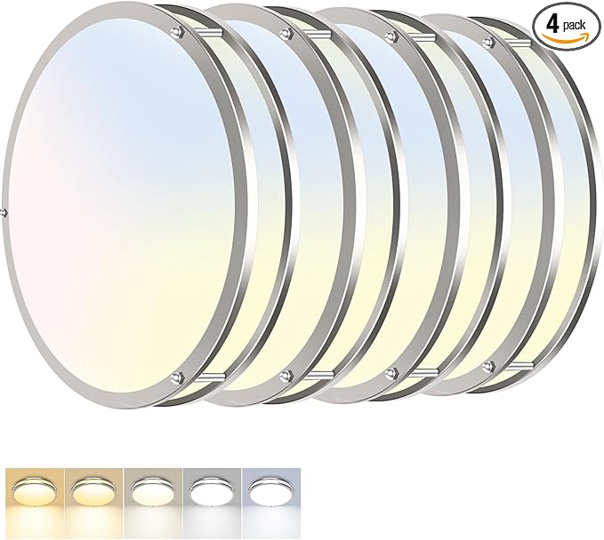 zemty 4Pack 10Inch Brushed Nickel LED Flush Mount Ceiling Lights, Dimmable 3000K-6500K,15W 1500LM Damp-Rated Stainless Steel Light Fixture for Hallway, Kitchen, Bathroom, Closet, Laundry