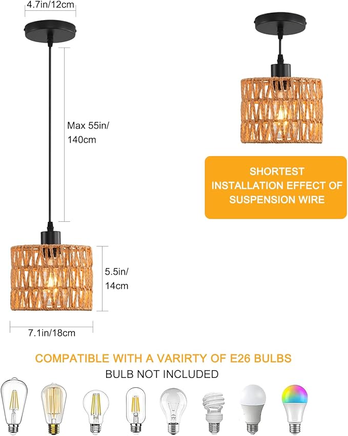 Woven Pendant Light Boho Chandelier, Rattan Pendant Lights Kitchen Island, Farmhouse Pendant Lighting with Hand Woven Wicker Shade, Boho Chandelier Light Fixtures Ceiling Hanging Light
