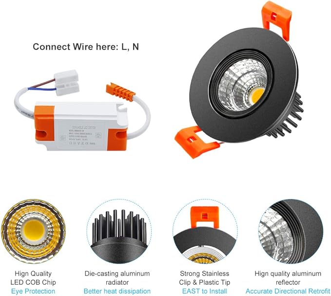 inShareplus 2 Inch LED Downlight, 3W Recessed Lighting COB Dimmable, 5000K Daylight White, CRI80, Black Trim, Ceiling Lights with LED Driver, 1 Pack