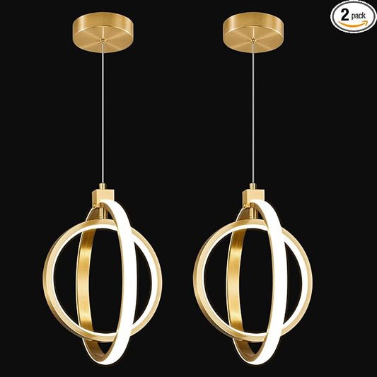 Modern LED Chandelier Gold Ring Pendant Light Fixtures 4000K Dimmable Height Adjustable Pendant Lighting for Dining Room Kitchen Island Bedroom Living Room Foyer（2-Pack）