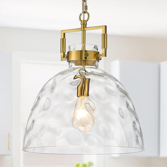 Glass Pendant Light, 13.8 Inch Single Hanging Ceiling Light with Adjustable Chain, E26 Base Oversized Clear Glass Kitchen Island Pendant Lighting in Brass Gold for Dining Room, Entryway