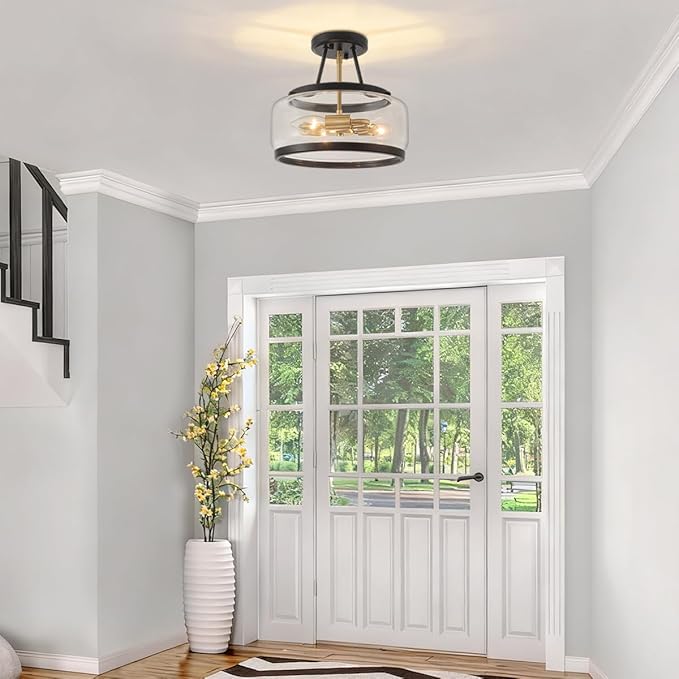 3-Light Semi Flush Mount Ceiling Light Modern Glass Drum Entryway Chandelier Black and Gold Hallway Lights Kitchen Ceiling Lighting Fixtures for Bedroom Foyer Laundry Bathroom Dining Room