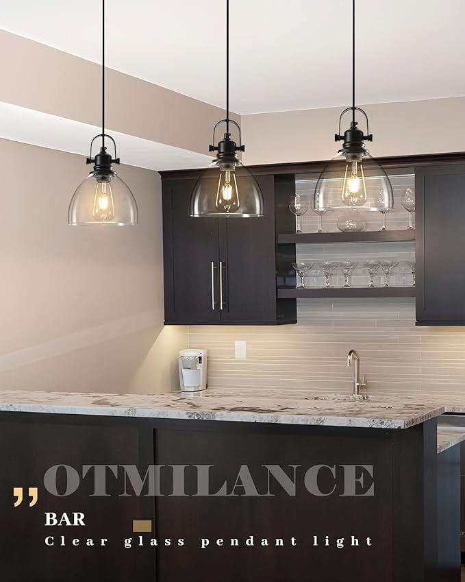 Kitchen Pendant Lighting Over Island 3 Pack, 7.5” Black Pendant Lights Kitchen Island, Farmhouse Glass Pendant Lights Kitchen Island, Industrial Pendant Light for Kitchen, Bedroom, Bathroom