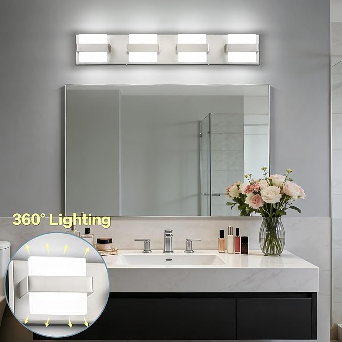 SOLFART Brushed Nickel Bathroom Light Fixtures, 4 Lights Bathroom Vanity Light，Dimmable LED Vanity Lights Nickel Vanity Lighting
