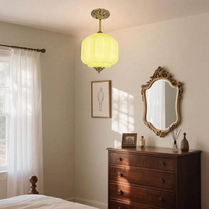 9in White Milk Glass Ceiling Light, LED Bulb Included, Vintage Schoolhouse Semi Flush Mount Pendant Light Art Deco Chandelier for Kitchen Dining Room Hallway Bedroom, Antique Gold & White